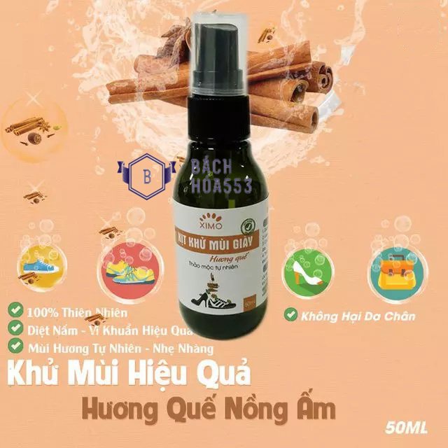 Chai xịt khử mùi giày chống hôi chân Ximo 50ml (Hương Quế, Chanh, Xả)