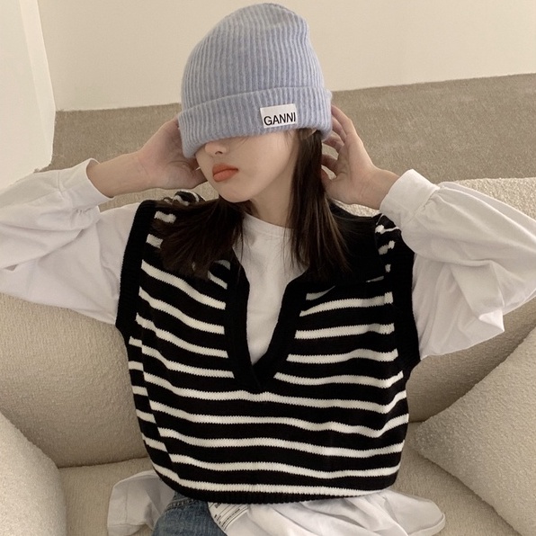 Áo dệt kim ZHELIHANGFEI sát nách lưng cao kẻ sọc cá tính dễ phối đồ