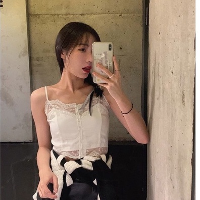 Áo Hai Dây Mỏng Mùa Hè Dạng Ngắn Phối Ren Màu Trắng