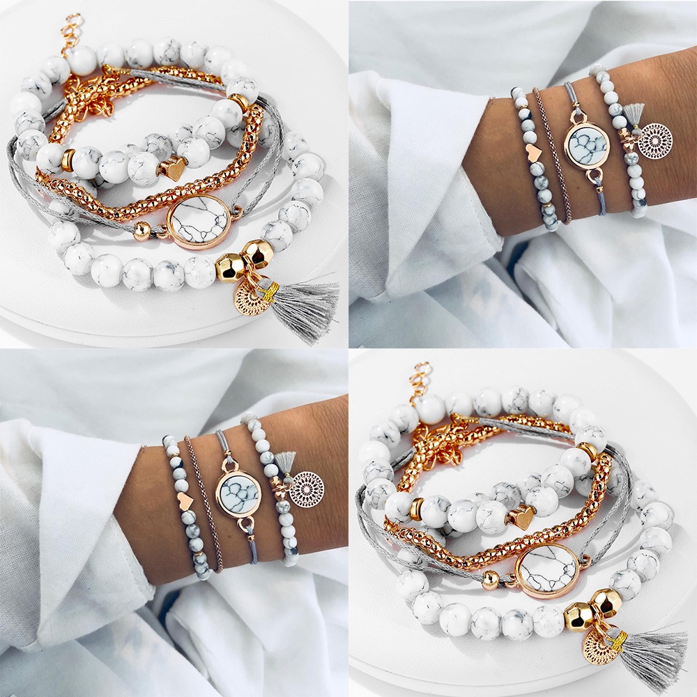 Set 4 Vòng Tay Chuỗi Hạt Phối Tua Rua Phong Cách Bohemian