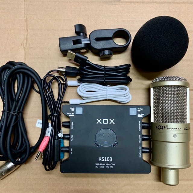 Combo thu âm livestream 2 món mic aq220-sound card ks108 kèm dây 3 màu