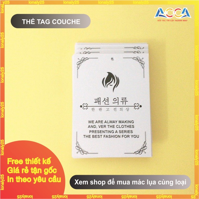 Tag quần áo in theo yêu cầu_100 Tag treo chữ Hàn, Quảng Châu bán sẵn_Giấy C300 Pindo, cán mờ 2 mặt, xén, khoan