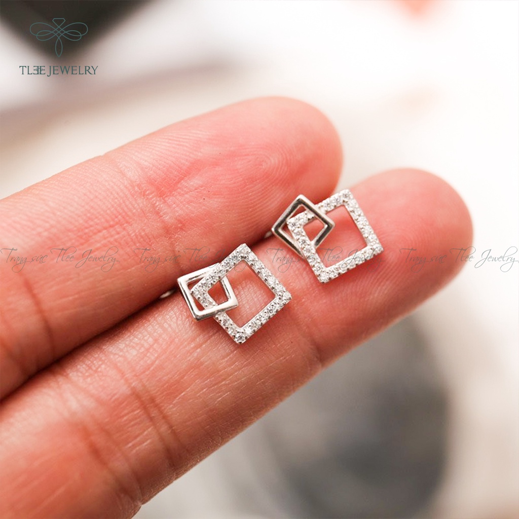 Khuyên tai bạc nữ TLEE mặt vuông kép nạm đá cao cấp NCJ B0101