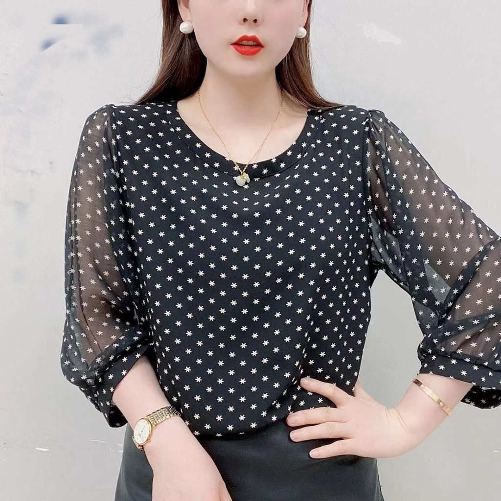 Áo Sơ Mi chiffon Ngắn Tay Cổ Tròn In Họa Tiết Hoa Thời Trang Mùa Hè Cho Nữ