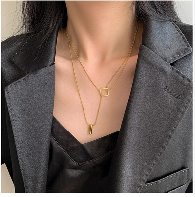 Dây chuyền hai lớp bằng thép titan và vàng đồng 18K đơn giản phong cách Hàn Quốc dành cho bạn nữ
