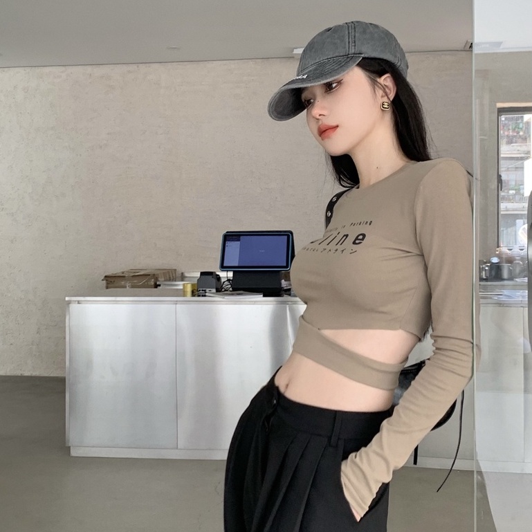 QKOOLE Áo thun croptop tay dài cổ tròn phong cách Hàn Quốc cho nữ