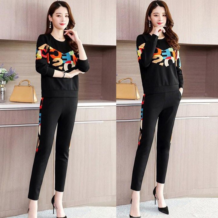 Bộ đồ thể thao thu đông_tay dài phối chữ TT439_thun cotton 100% mềm mịn