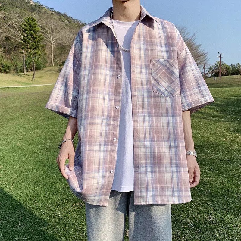 Áo Sơ Mi Caro Tay Ngắn Dáng Rộng Phong Cách Thời Trang Hàn Quốc Cho Nam Giới Size M-2XL