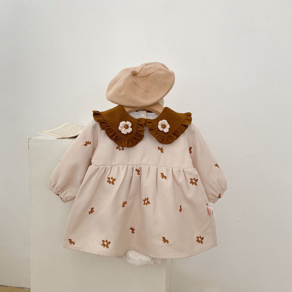 Đầm Công Chúa DZN2 Tay Dài Cổ Búp Bê Thêu Họa Tiết Phong Cách Hàn Quốc Thời Trang Mùa Thu Cho Bé Gái