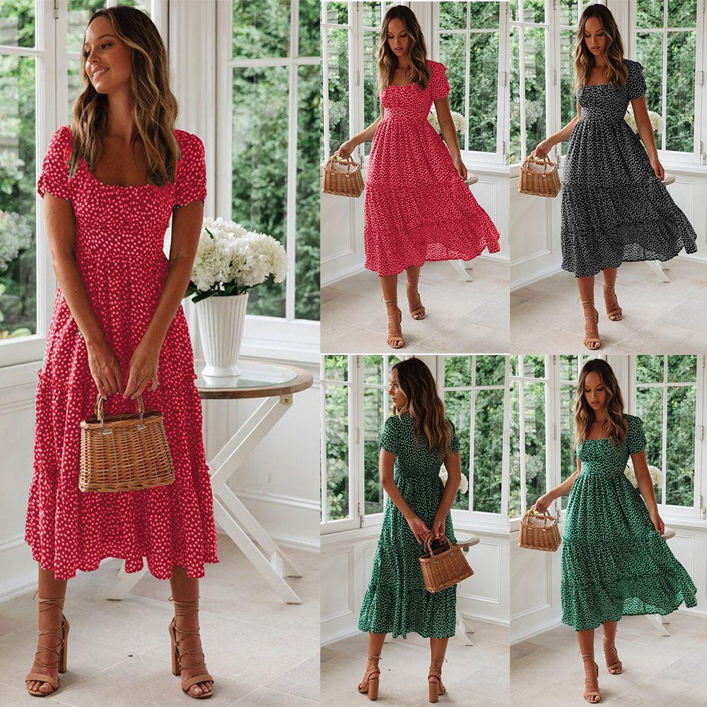 Đầm Midi Nữ Tay Ngắn Họa Tiết Chấm Bi Phong Cách Boho
