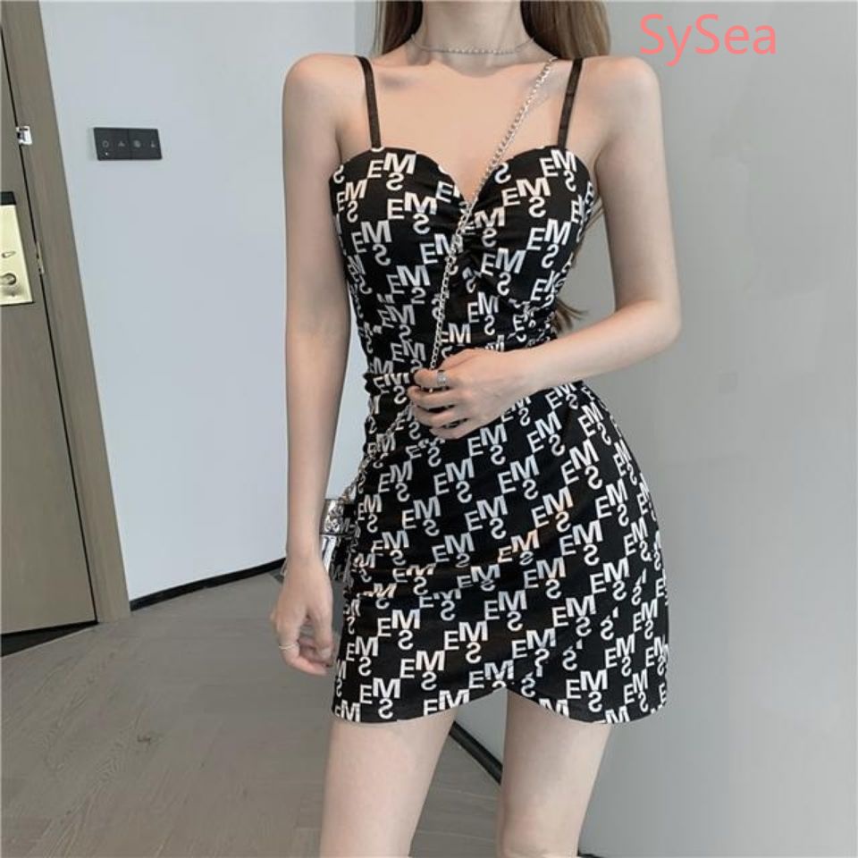 Đầm 2 Dây Dáng Ôm In Chữ Thời Trang Mùa Hè Quyến Rũ Cho Nữ