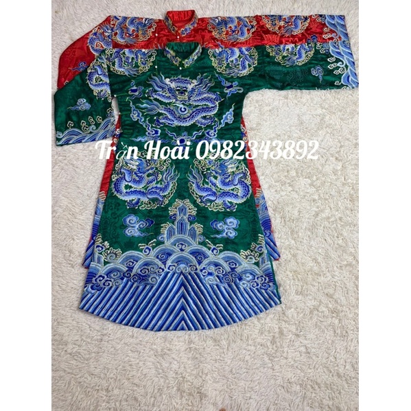Khăn áo hầu đồng - áo ngũ vị tôn quan thêu chỉ xanh gấm thường