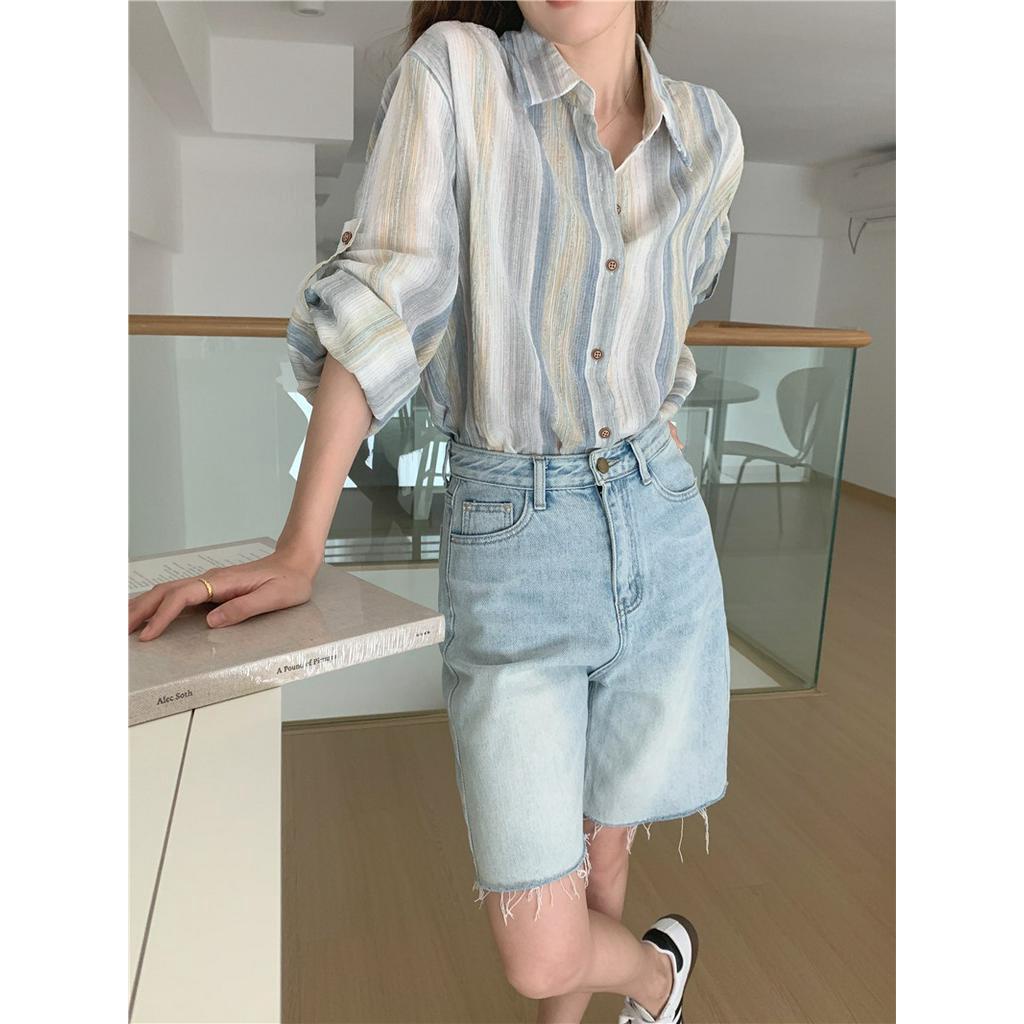 Áo polo Chống Nắng Dáng Rộng Tay Dài Kẻ Sọc 65335 Dễ Phối Đồ