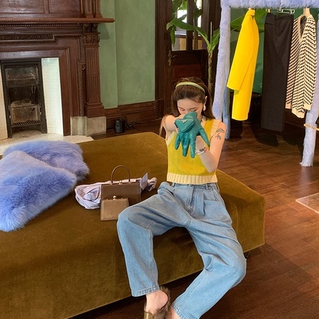 Xiaozhainv Áo Croptop Dệt Kim Không Tay Kẻ Sọc Kiểu Hàn Quốc Thời Trang Dành Cho Nữ