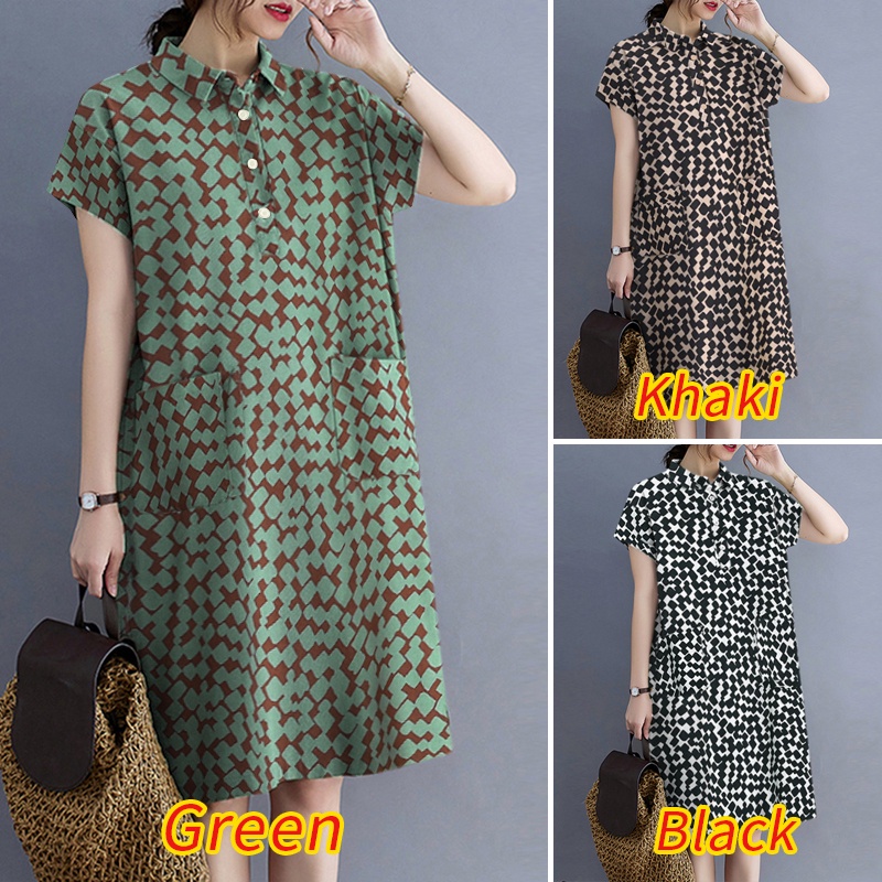 Đầm mini ZANZEA tay ngắn dáng rộng vải cotton in họa tiết phong cách vintage dễ phối trang phục cho nữ