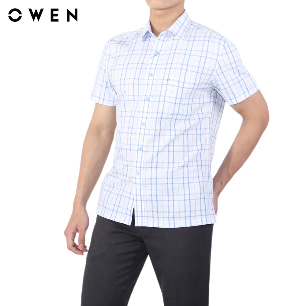 Áo sơ mi ngắn tay Nam Owen Bamboo Bodyfit Trắng in xanh - BA23772N