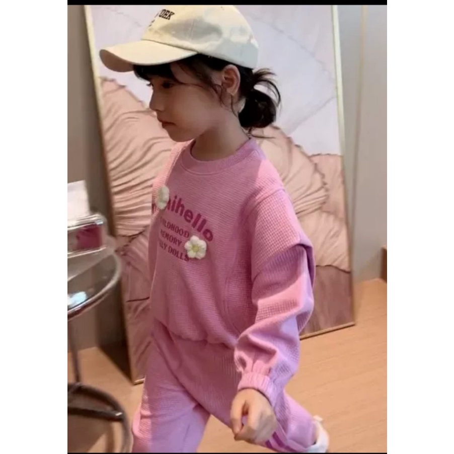 Bộ thu đông bé gái, bộ dài tay bé gái chất tổ ong loại 1 hoa len điểm nhấn cho bé