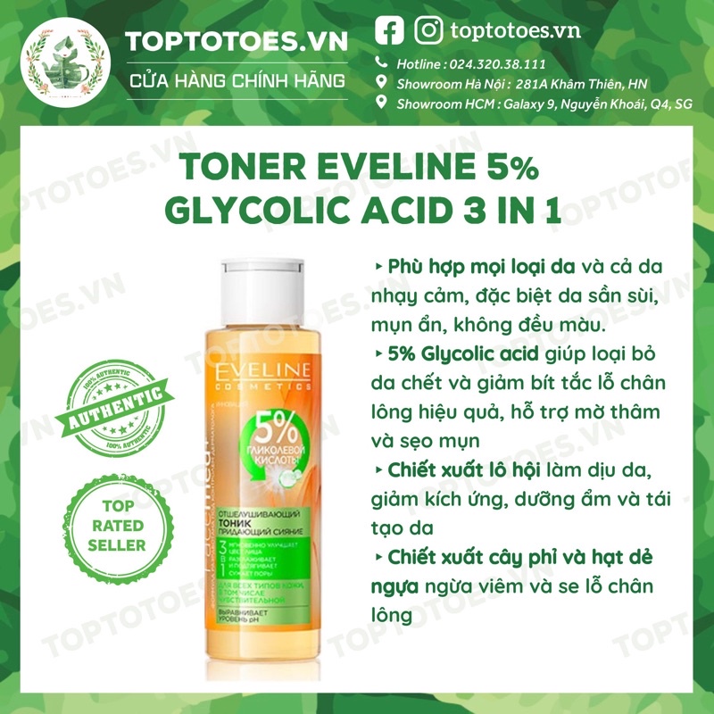 Toner Eveline 5% Glycolic acid làm da căng bóng, sáng mịn, mờ thâm sạm