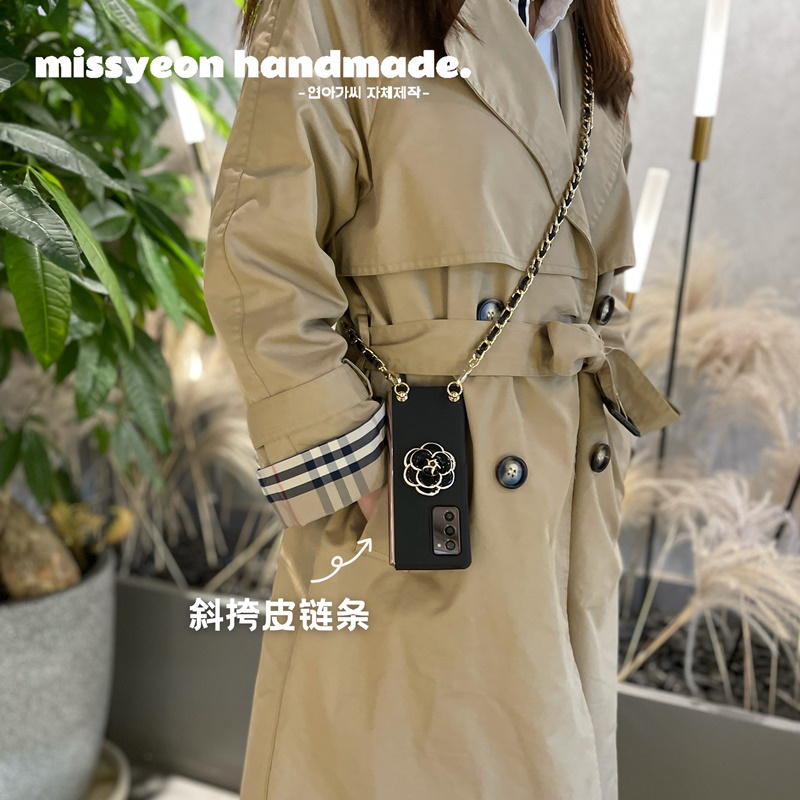 Túi Xách Da Đeo Chéo Hình Hoa Trà Phối Dây Xích Kim Loại Dài Cho samsung galaxy z fold 5 4 3 2 5g Ốp