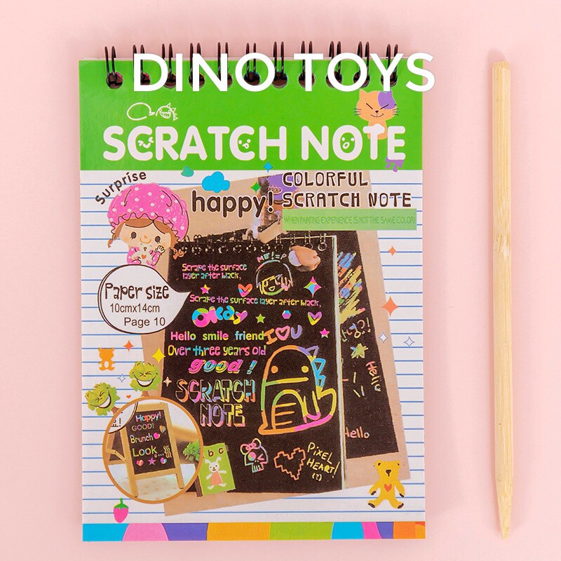 Đồ chơi trẻ em sổ vẽ ma thuật scratch note 10 tờ SIZE 14.5x10 cm, tạo nét vẽ nhiều màu trên nền giấy đen bằng bút tre