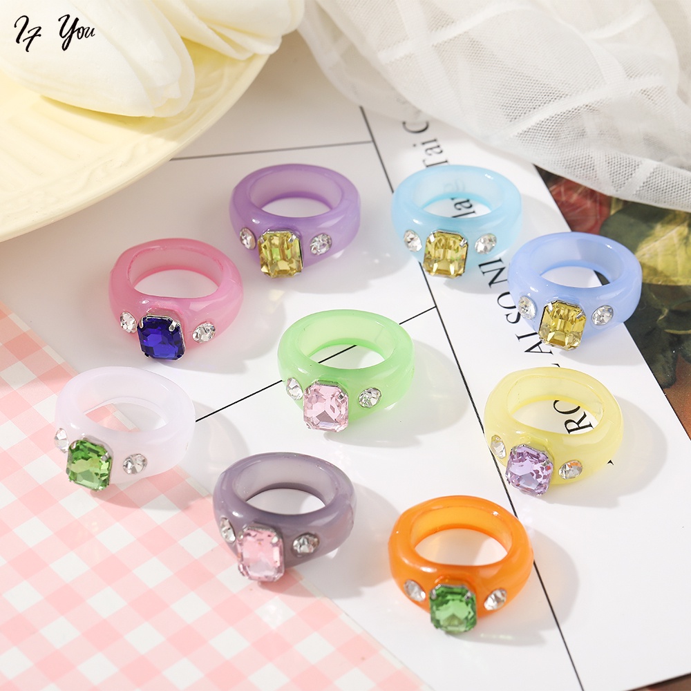 Nhẫn AY nhựa resin đính đá nhiều màu sắc thời trang Hàn Quốc cho nữ