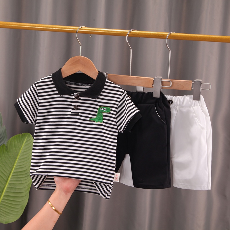 Boy phù hợp với trẻ em POLO áo sơ mi phù hợp với 0-5 năm tuổi trẻ em thời trang sọc áo thun + quần short 2 mảnh bộ