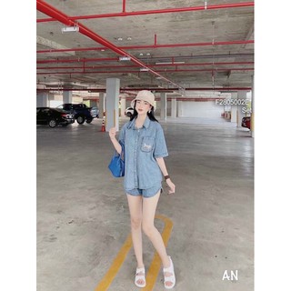 Set jean áo sơ mi một túi tay ngắn phối quần short!