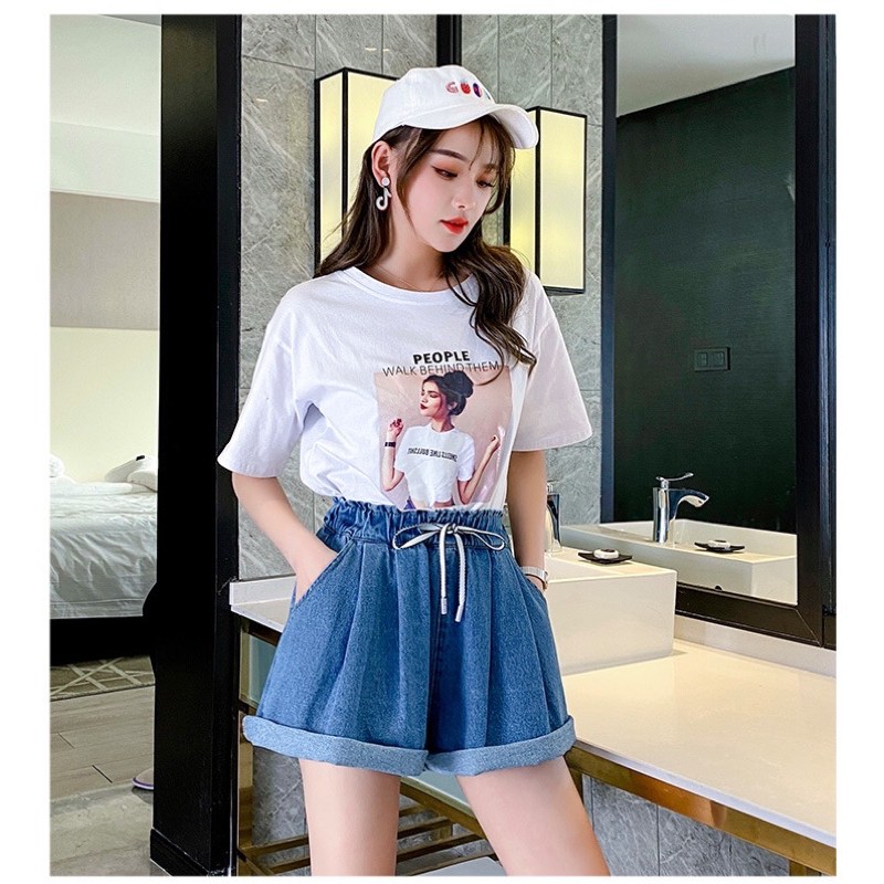 quần short jean váy big size lưng thun ống rộng rút dây size 75-95kg
