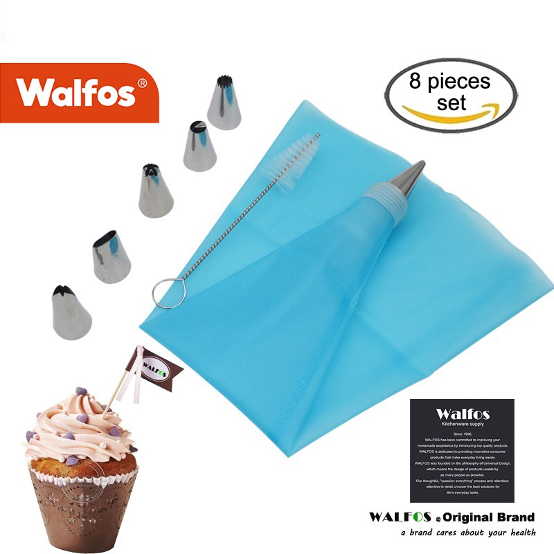 WALFOS 8 cái / bộ phụ kiện nhà bếp silicone đóng băng ống đựng kem bánh ngọt + bộ vòi phun bằng thép không gỉ 6 cái