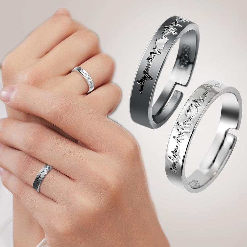 Nhẫn Đôi Màu Trắng / Đen Lãng Mạn Khắc Chữ ECG Forever Love