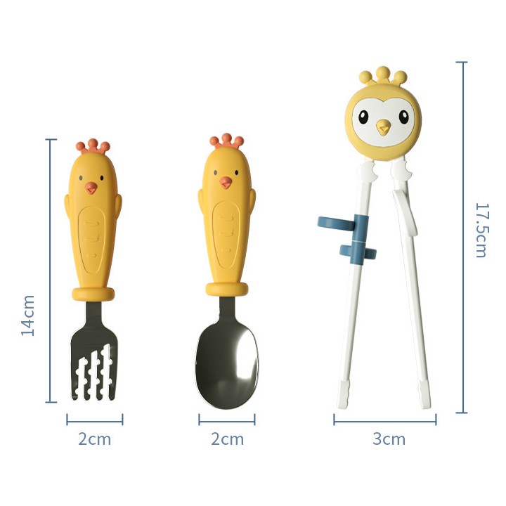 Bộ Hộp Muỗng, Nĩa, Đũa Tập Ăn dụng cụ bàn ăn inox 304 Hàn Quốc Hình Gà Con Dễ thương Cho Bé