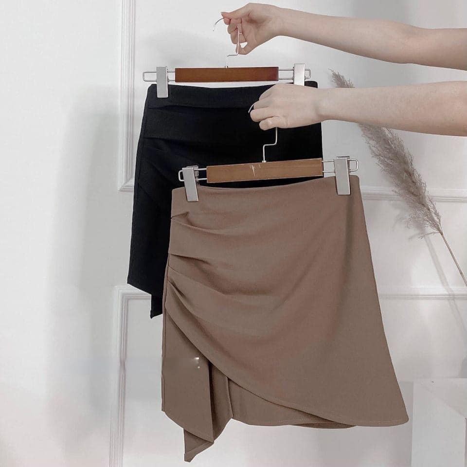 Chân Váy Bigsize Tà Nhún Đen /Nude - Co Giãn - Có Quần Trong - Lưng Cao