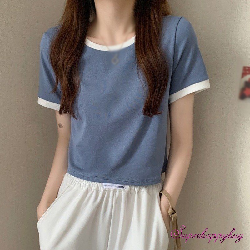 Áo Thun Ngắn Tay Cổ Tròn Màu Sắc Tương Phản Thời Trang Xuân Hè Cho Nữ