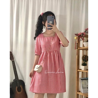   ẢNH THẬT  Đầm babydoll caro cổ vuông tay phồng có đủ 8 màu xinh xắn tặng kèm scrunchie cùng màu 