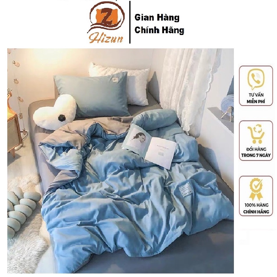 Trọn Bộ Chăn Ga Gối Cotton TC Cao Cấp Hizun - Xanh Biển Phối Ghi