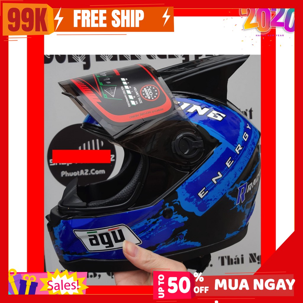 MŨ fullface AGU RACING ENERGY XANH NƯỚC + Đuôi gió AGV và sừng rồng + TÚI ĐỰNG MŨ hàng chính hãng CLC