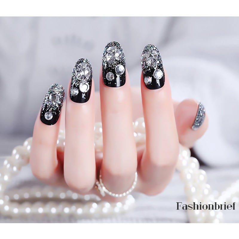Set 24 móng tay giả màu đen đính đá nữ tính