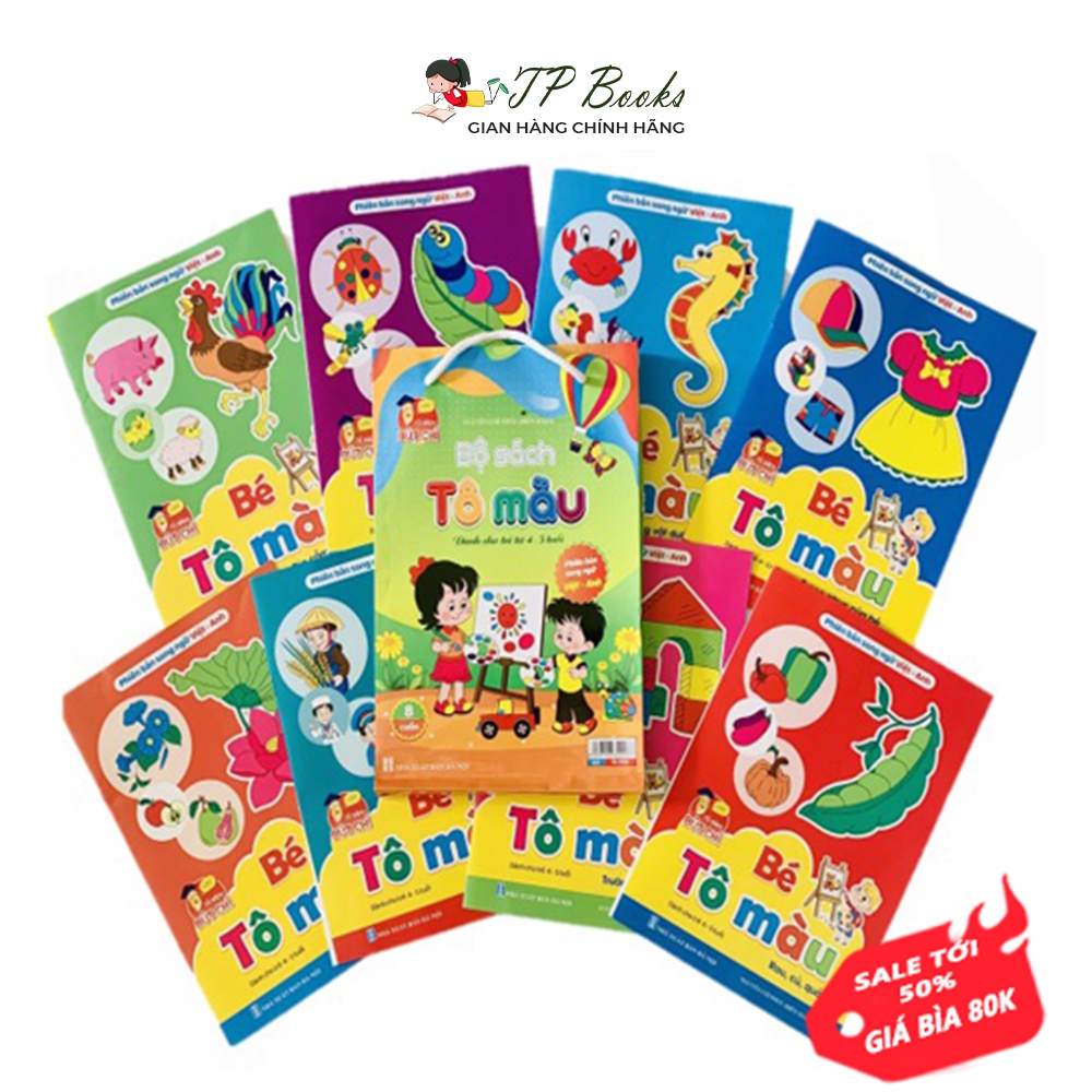 Sách - Tập Tô Màu Cho Bé Từ 3-4 Tuổi Song Ngữ Anh Việt Bộ 8 Quyển Kèm Hộp Màu