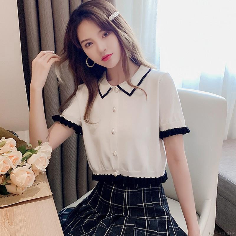 Áo thun tay ngắn có cổ bèo ngọt ngào thời trang cho nữ