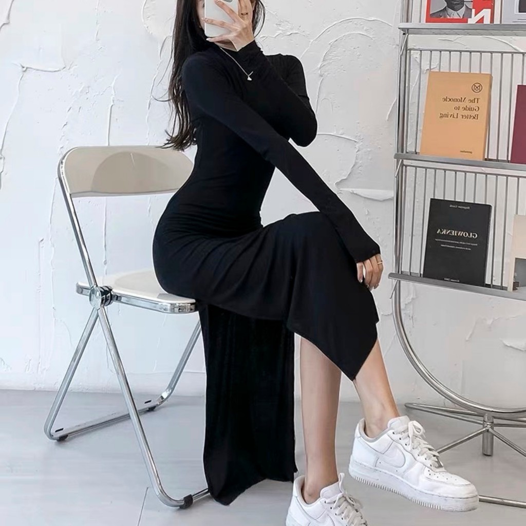 Đầm Body Thun Tay Dài Xẻ Tà Năng Động Màu Đen (ảnh thật trải sàn) | BigBuy360 - bigbuy360.vn