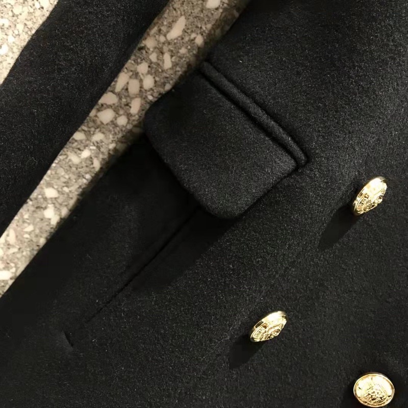 Áo khoác dạ nữ dáng dài cổ vest hai hàng khuy ánh kim thương hiệu Balmain cao cấp
