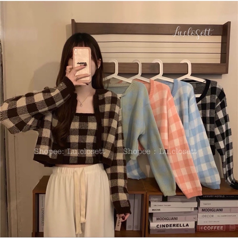 Set áo khoác cardigan len kèm áo 2 dây croptop hoạ tiết kẻ ô phong cách ulzzang LU.CLOSETT