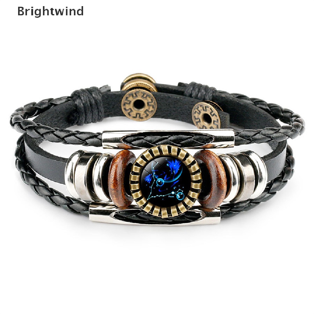 [Brightwind] 12 Constellation Zodiac Sign Black Braided Leather Bracelet Cancer Leo Virgo Libra Woven Glass Dome Jewelry