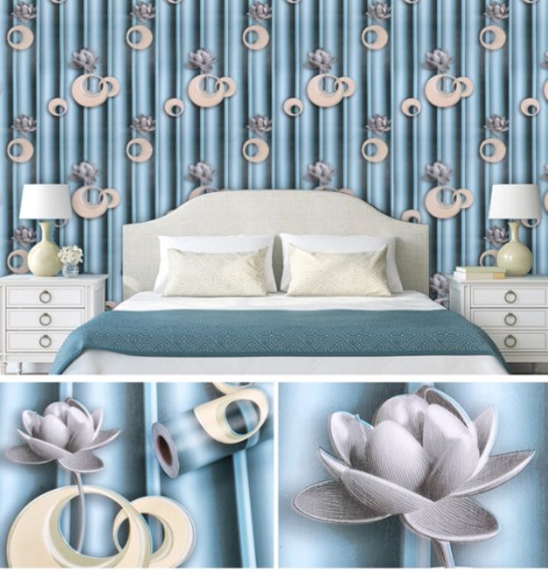 Decal giấy dán tường hoa sen sọc xanh khổ rộng 45cm, giá bán 1m dài