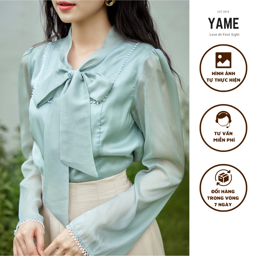 Set bán lẻ gồm áo sơ mi xanh cổ thắt nơ chất tơ ánh YA28 GANDA YAME