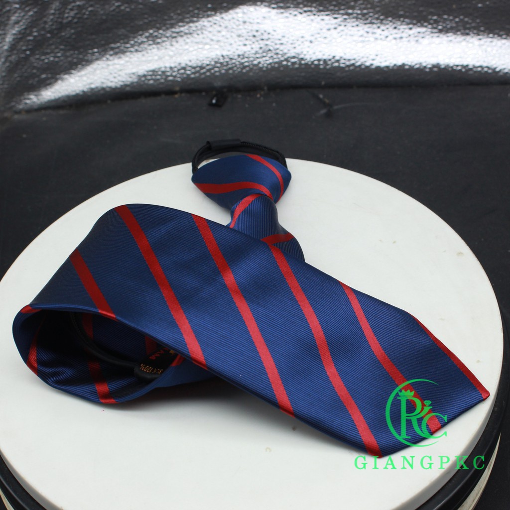 Cà vạt nam 8cm thắt sẵn dây kéo tiện lợi hàng 3 lớp lót silk cavat xanh đen kẻ đỏ Giangpkc36