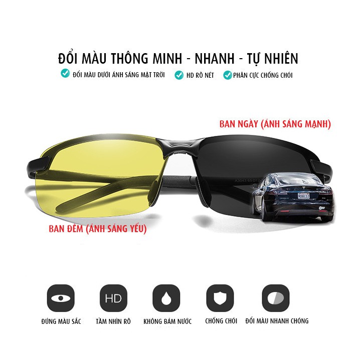 Kính nam mắt Kính đổi màu đi ngày và đêm A3043 gọng Nhôm Magiê nhẹ,mắt kính polarized phân cực, chống tia Uv 400