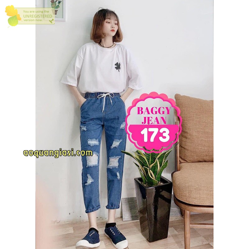 Quần jean nữ dài lưng thun rách màu xanh size S,M,L AQGS MT309 rẻ đẹp, hàn quốc chuẩn store freeship 50k