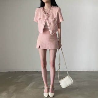 SET ÁO CROP DẠ HỒNG NÚT BỌC + CHÂN VÁY