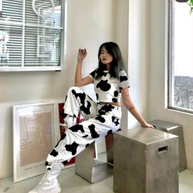 Set Bộ áo Croptop Bò Sữa Phối Quần Loang Unisex Ống Rộng/ Áo Crt Ôm Body Mix Quần Suông Phong Cách Ulzzang K8